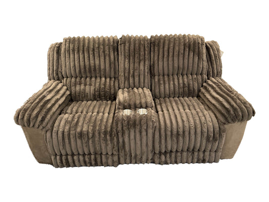 Lifestyle Furniture U821642 Chocolate Cord Reclining Console Loveseat — actual tagged floor photograph isolated on white; one item only
