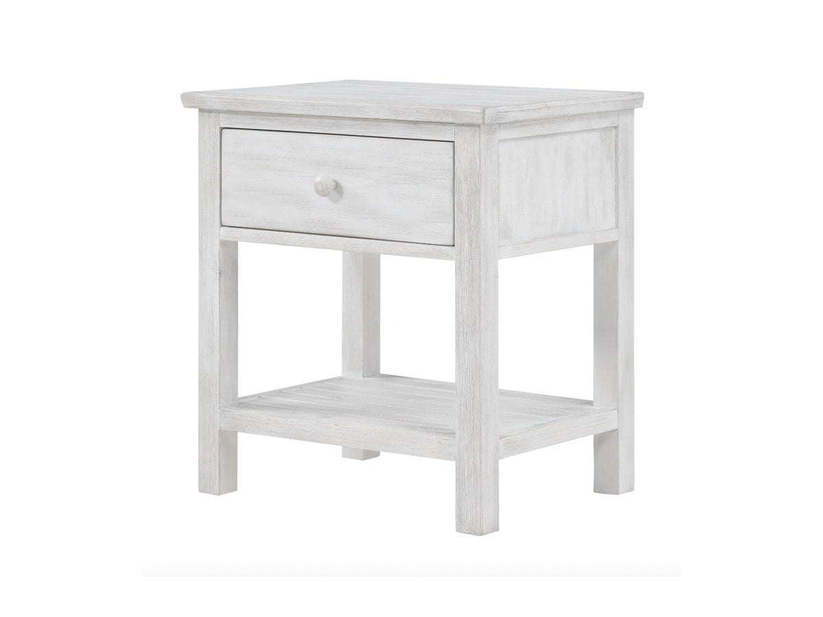 Lineage Geneva Distressed White one-drawer nightstand with open lower shelf