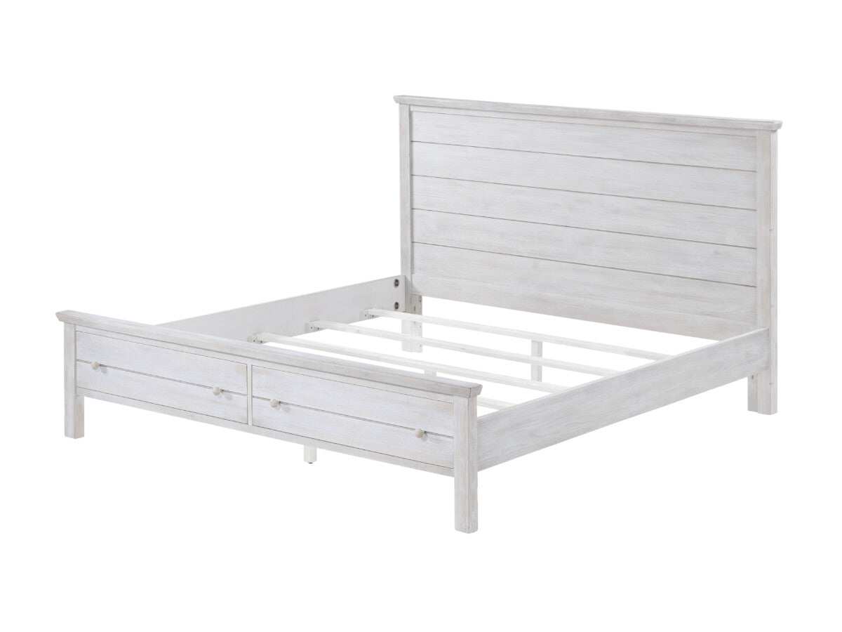 Lineage Geneva distressed-white storage-bed design, manufacturer representative image; this listing is Queen