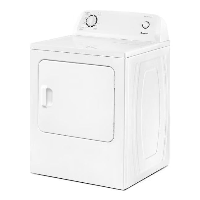 Amana NED4655EW white electric dryer, angled exterior view