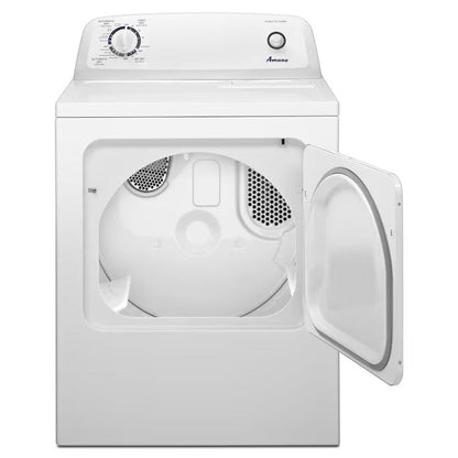 Amana NED4655EW electric dryer with door open, showing the drum