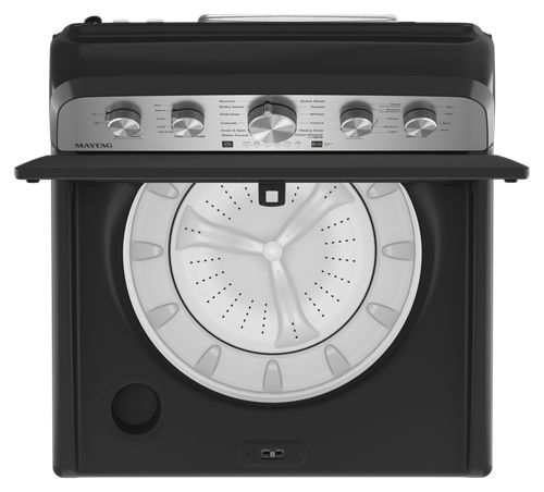 Maytag MVW5430PBK Volcano Black washer, lid open showing impeller and wash basket