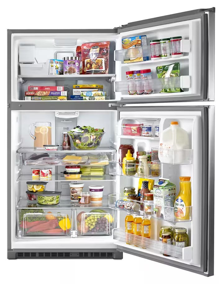 Maytag MRT711SMFZ refrigerator, open refrigerator and freezer interior with food