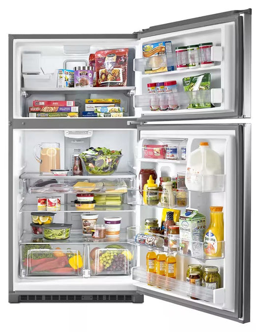Maytag MRT711SMFZ refrigerator, open refrigerator and freezer interior with food