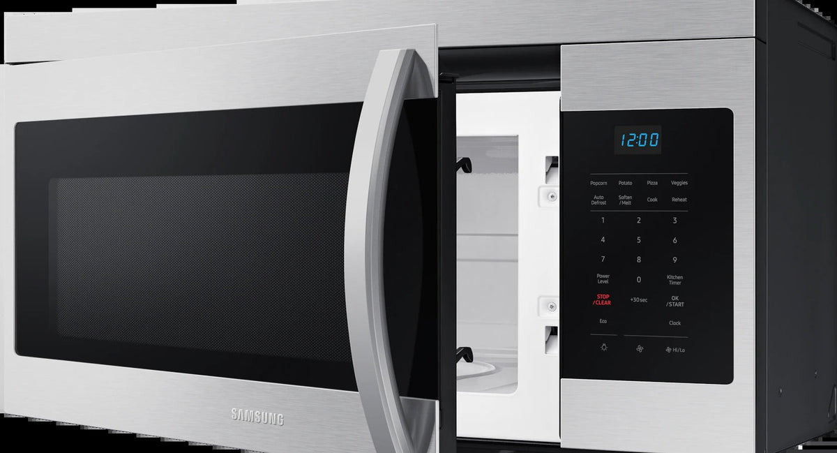 Samsung ME16A4021AS stainless steel over-the-range microwave; white finish not shown