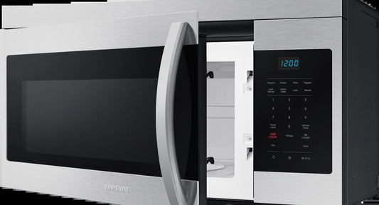 Samsung ME16A4021AS stainless steel over-the-range microwave; white finish not shown