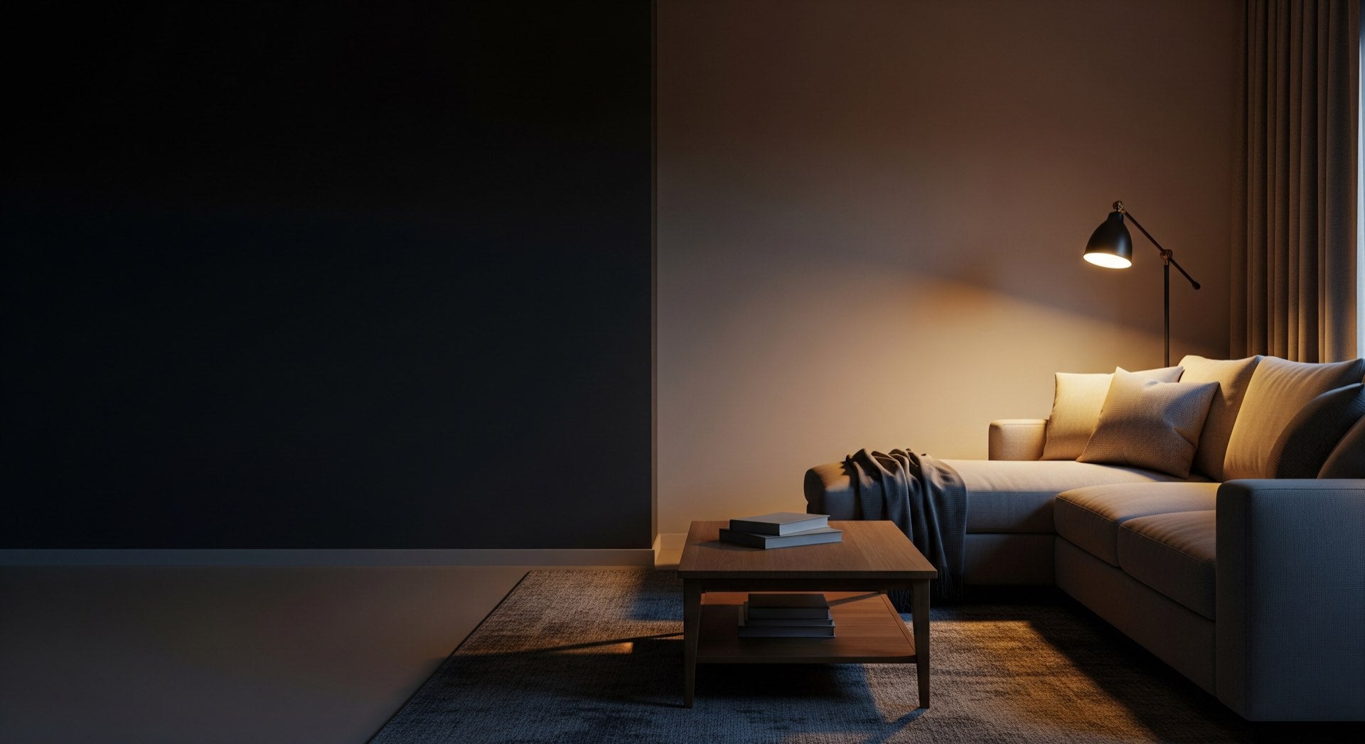 A bright living room furnished with a comfortable gray sectional